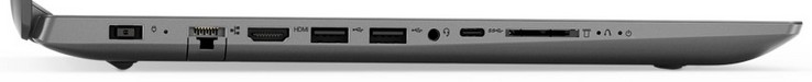 Linke Seite: Netzanschluss, LAN, HDMI, 2x USB 3.0, kombinierter Audioanschluss, 1x USB 3.1 Typ-C, 4-in-1-Kartenleser