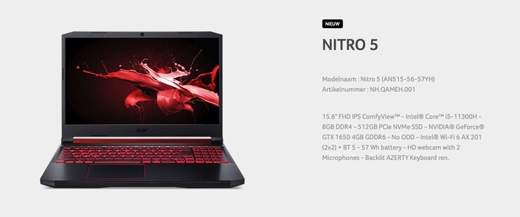 Die Acer-Webseite beschreibt bereits ein neues Nitro 5 Gaming-Notebook mit Intel Tiger Lake-H. (Bild: Acer)