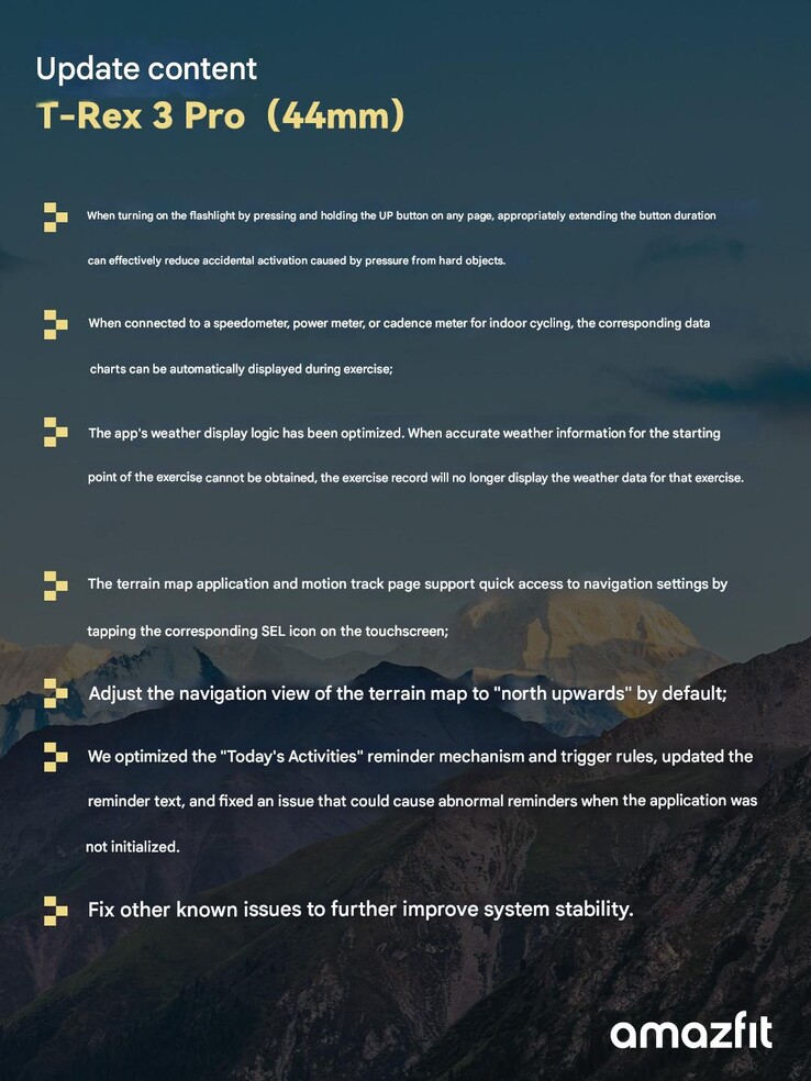 Das Änderungsprotokoll für die Firmware-Version 4.4.2.3 für die Amazfit T-Rex 3 Pro 44 mm Smartwatch.