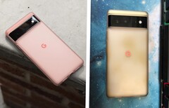 Das pinke Pixel Case sieht auf Googles Promo-Bild (links) deutlich besser aus als nach einigen Monaten Nutzung (rechts). (Bild: Google / u/A_Giant_Baguette)