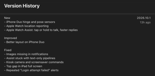 Changelog für die Home Assistant App Version 2026.10.1 für iOS