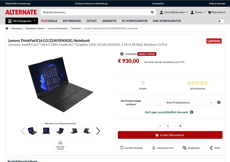 Lenovo ThinkPad E16 G3 (22AY004XGE) für 930 Euro.
