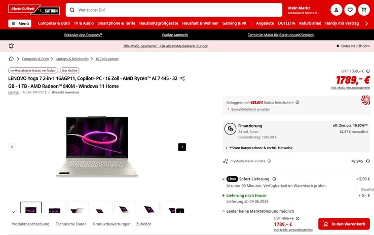Das Lenovo Yoga 7 2-in-1 16AGPI11 83TF0022GE wäre dank einer Rabattaktion (Mehrwertsteuer geschenkt) bereits für 1.503.37 Euro zu bekommen.