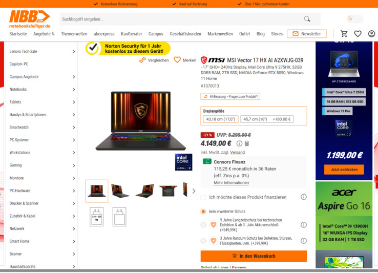 MSI Vector 17 HX AI A2XWJG-039 für 4.149 Euro.