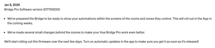 Das Änderungsprotokoll des neuesten Software-Updates für die Philips Hue Bridge-Geräte. (Bildquelle: Philips Hue)