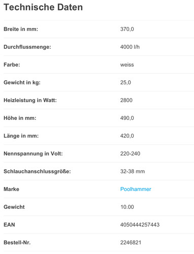 Technische Daten (Quelle: Poolhammer)