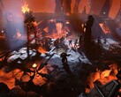 Ein Bild zeigt einen Kampf gegen einen Feuerriesen in Age of Wonders 4