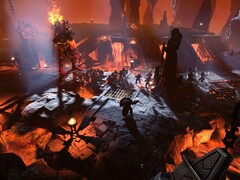 Ein Bild zeigt einen Kampf gegen einen Feuerriesen in Age of Wonders 4