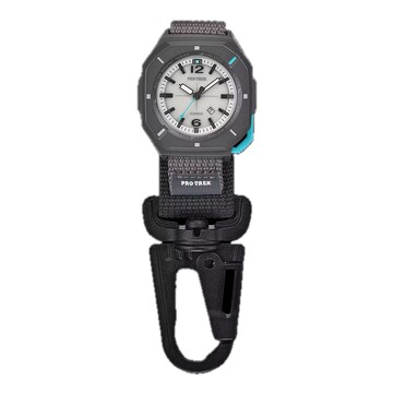 Die Casio PRJ-01AE-8 ist an einer Karabinerhalterung befestigt