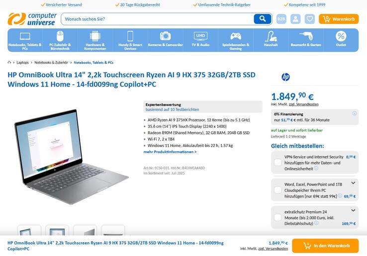 HP OmniBook Ultra 14-fd0099ng für 1.849,90 Euro.