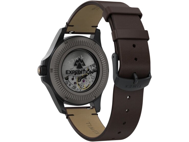 Rückansicht der Timex Expedition Field Post Titanium mit Sichtboden, sichtbarem Automatikwerk und braunem Lederarmband