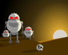 Cartoonish robots standing next to a human skull