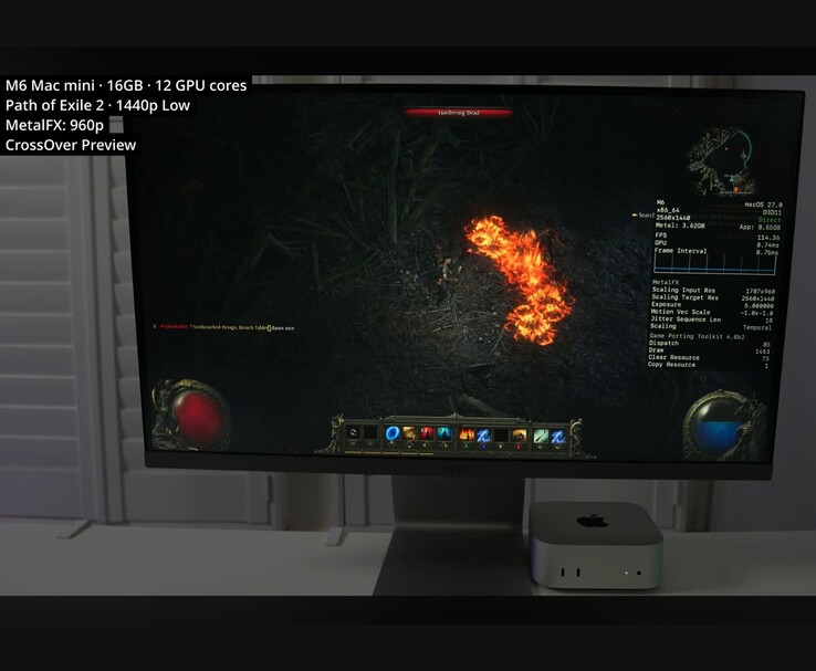Path of Exile 2 läuft auf dem Mac Mini M6 mit 16GB Arbeitsspeicher über CrossOver bei 1440p und niedrigen Settings