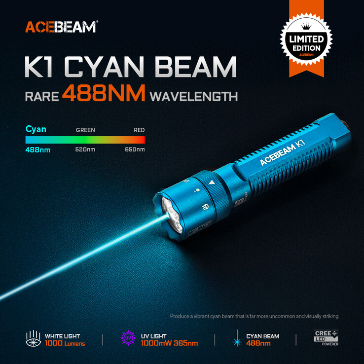 Diese K1 benutzt einen Cyan-Laser mit einer Wellenlänge von 488 nm. (Bildquelle: Acebeam)