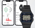 Casio F-B100W Digitaluhr vor zwei Smartphone-Bildschirmen mit der verbundenen Life-Log-App, die Schritt- und Aktivitätsdaten anzeigt.