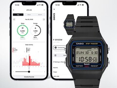 Casio F-B100W Digitaluhr vor zwei Smartphone-Bildschirmen mit der verbundenen Life-Log-App, die Schritt- und Aktivitätsdaten anzeigt.