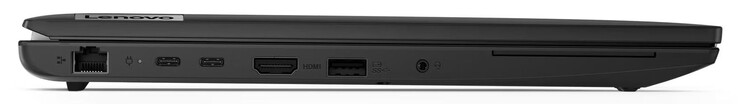Linke Seite: Gigabit-Ethernet, USB 3.2 Gen 2 (USB-C; Power Delivery, Displayport), HDMI, USB 3.2 Gen 1 (USB-A), Audiokombo, SmartCard-Leser