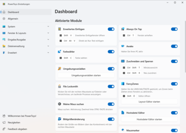 Das Dashboard listet alle Funktionen samt deren Aktivitätsstatus sowie der zugehörigen Tastenkombination auf.
