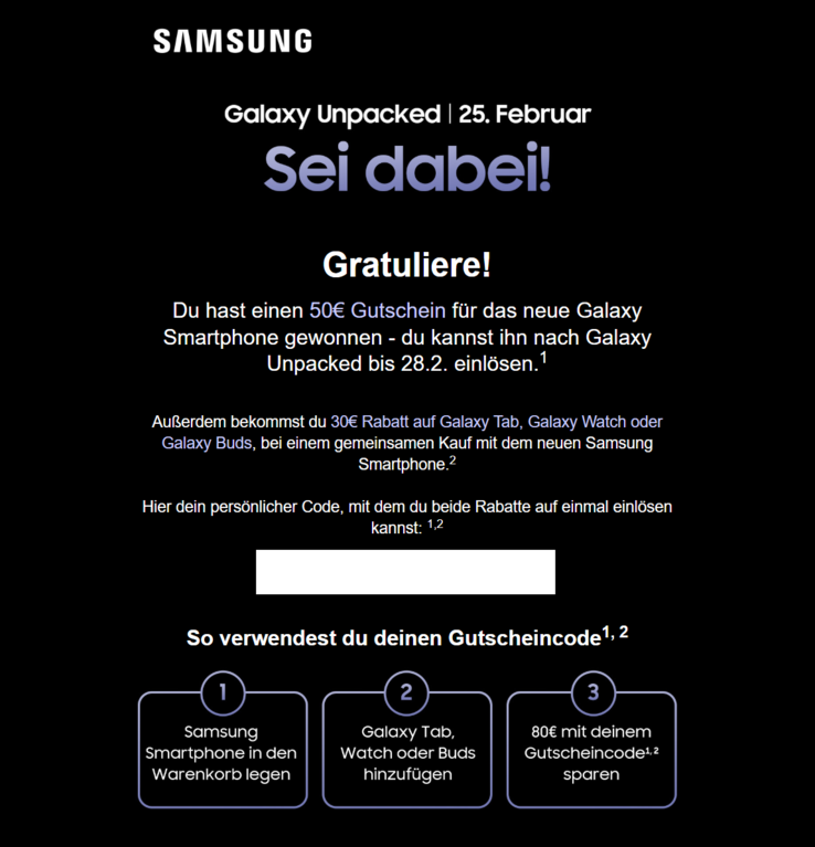 Dieser Gutschein wurde von Samsung Österreich am Tag vor dem Galaxy Unpacked Launch verschickt.