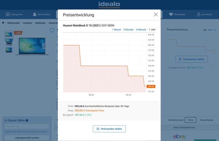 Idealo-Preisverlauf, Huawei Matebook D 15