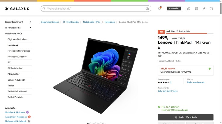 Lenovo ThinkPad T14s Gen 6 21N10007GE für 1.499 Euro.