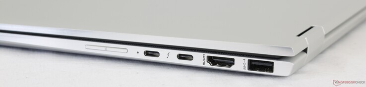 Rechts: Lautstärkewippe, 2x USB Typ-C mit Thunderbolt 3, HDMI 1.4, USB 3.1 Typ-A