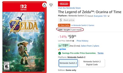 Abgebildet: Amazon-Angebot und Verkaufszahlen von Zelda: Ocarina of Time
