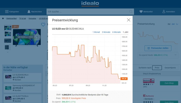 Idealo-Preisentwicklung - LG OLED C3 48 Zoll