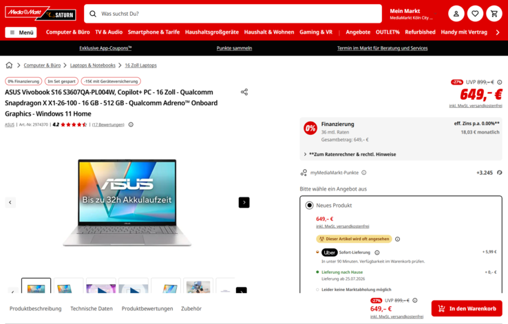 Asus VivoBook S16 S3607QA-PL004W für 649 Euro.