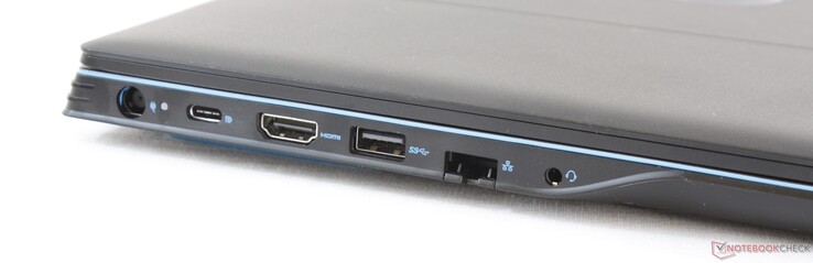 Links: Netzanschluss, USB Typ-C + DisplayPort, HDMI 2.0, USB 3.1, RJ-45, kombinierter 3,5-mm-Audioanschluss
