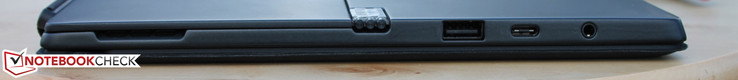 links: USB 3.0, USB Type-C Gen2 mit Thunderbolt 3 (auch Netzteil), Kophörer-Mikrofon-Kombi