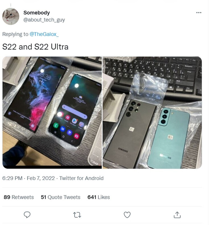 Die ersten Realbilder von Galaxy S22 Ultra und Galaxy S22 sind auf Twitter zu sehen.