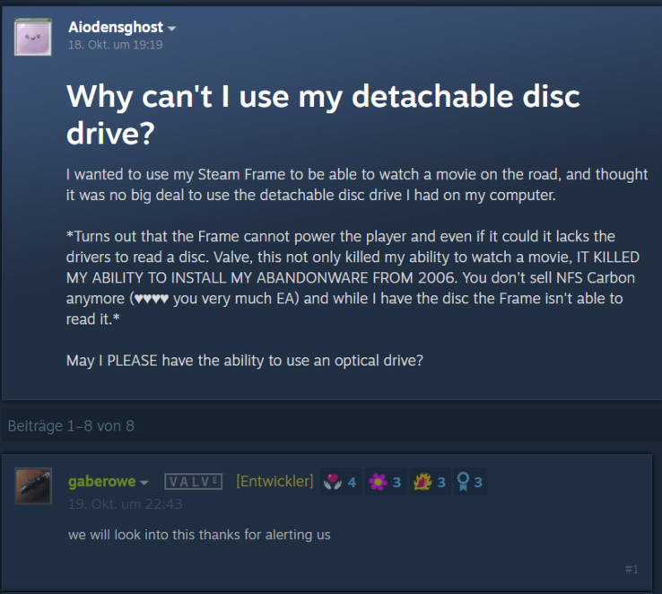 Valve Entwickler Gabe Rowe antwortete schon am nächsten Tag und versprach, sich der Sache anzunehmen. (Im Bild: Ein Screenshot aus dem Steam-Community-Forum)