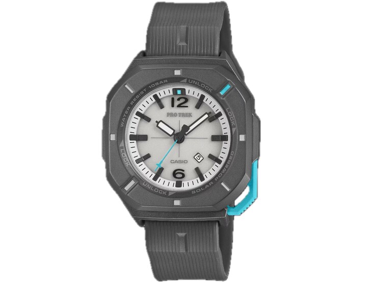 Casio Pro Trek PRJ-01AE-8 mit grauem Gehäuse, weißem Zifferblatt, türkisfarbenen Akzenten und schwarzem Armband