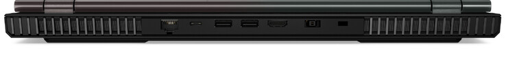 Rückseite: Gigabit-Ethernet, USB 3.2 Gen 1 (Typ C; Displayport), 2x USB 3.2 Gen 1 (Typ A), HDMI, Netzanschluss, Steckplatz für ein Kabelschloss