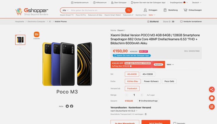 Gshopper bietet das Xiaomi Poco M3 derzeit zum absoluten Bestpreis von nur 120 Euro an. (Screenshot: Gshopper)
