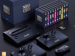 Im Bild: Ein Rendering des Neo Geo Aes+ mit seinen Gamepad-Joysticks und einer Videospielsammlung.