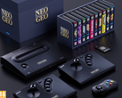 Im Bild: Ein Rendering des Neo Geo Aes+ mit seinen Gamepad-Joysticks und einer Videospielsammlung.
