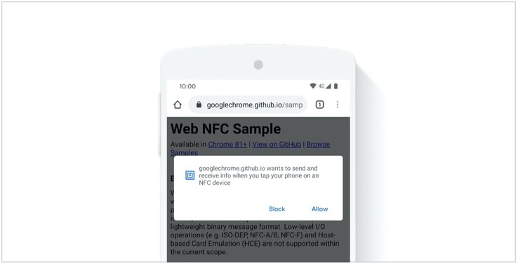 Nutzer werden gefragt, ob eine Webseite auf NFC zugreifen darf. (Bild: Google)