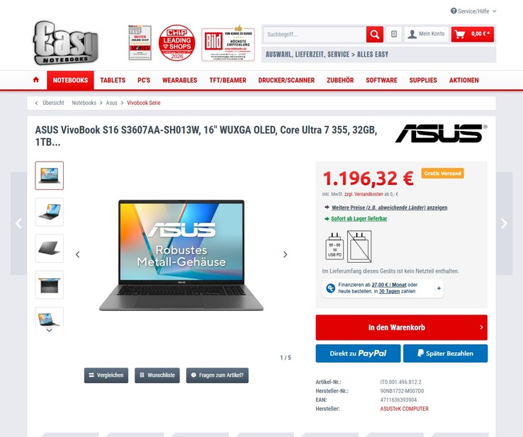 Asus VivoBook S16 S3607AA-SH013W für 1.196,32 Euro.