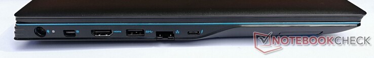 Linke Seite: Netzanschluss, Mini DisplayPort, HDMI, 1x USB 3.2 Gen1 Typ-A, GigabitLAN, 1x Thunderbolt 3