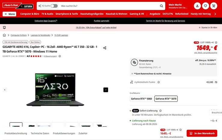 Gigabyte Aero X16 1WH93DEC64AH für 1.649 Euro.