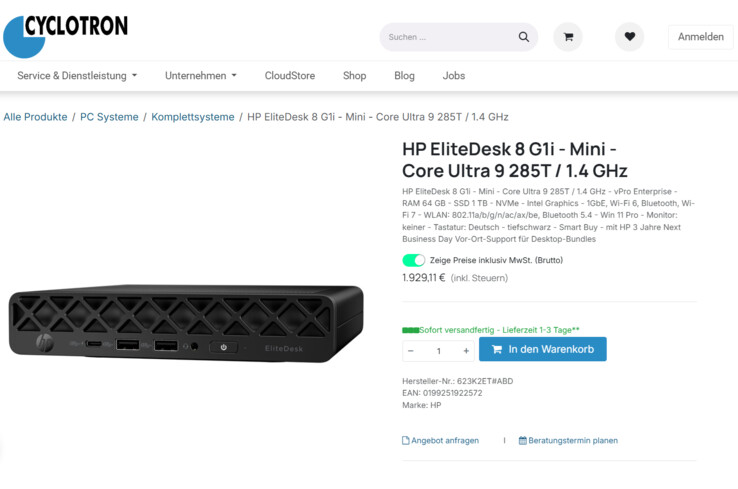HP Elitedesk 8 G1i 623K2ET für 1.929,11 Euro.