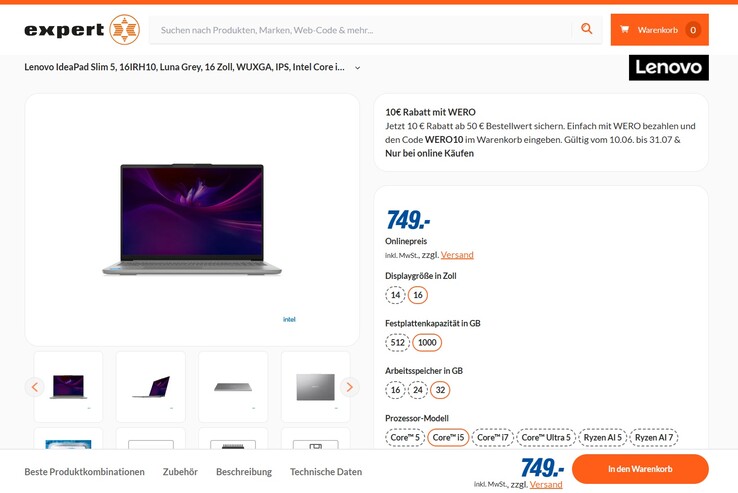 Lenovo IdeaPad Slim 5 16IRH10 83HS00BMGE für 749 Euro.