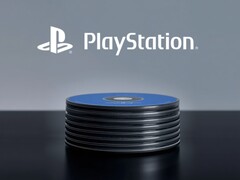 PlayStation Logo mit PS5 Discs auf einem Schreibtisch