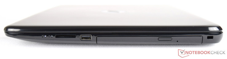 rechte Seite: Status-LEDs, SD-Kartenleser, USB 2.0, DVD-RW, Kensington Lock