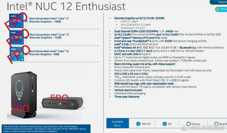 Der Intel NUC 12 Enthusiast wird mit spannenden CPUs und GPUs der nächsten Generation ausgestattet. (Bild: Weibo)