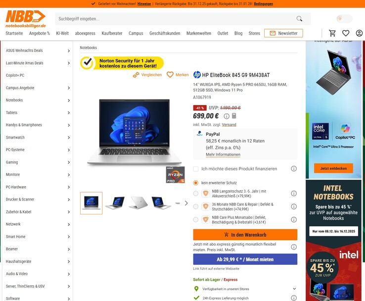 HP EliteBook 845 G9 (9M438AT) im Angebot für 699 Euro.