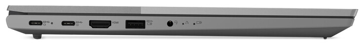 Linke Seite: 2x USB 3.2 Gen 2 (USB-C; Power Delivery, Displayport), HDMI, USB 3.2 Gen 1 (USB-A), Audiokombo