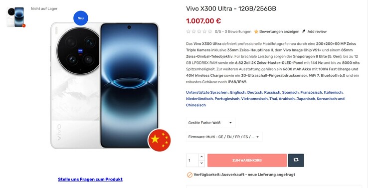 Bei der günstigsten Speicheroption zahlt man im Import nur etwa die Hälfte des gemunkelten Vivo X300 Ultra EU-Europreises.